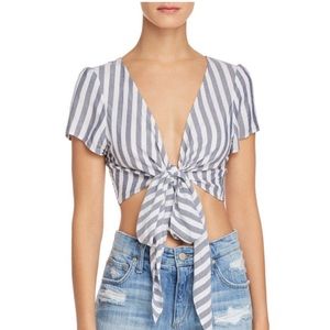 Aqua - Tie Front Striped Crop Top in Blue/White